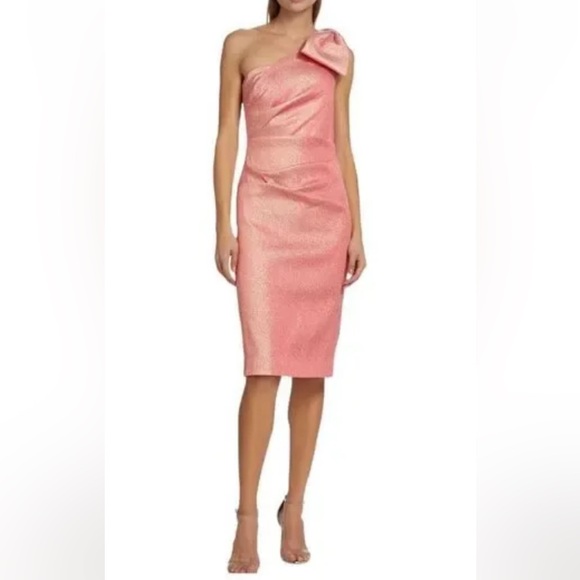 Teri Jon Dresses & Skirts - Teri Jon Pink Shimmering One Shoulder Bow Cocktail Dress Size 2 NWT